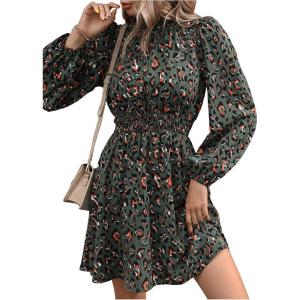 imageFloerns Womens Mock Neck Long Sleeve Floral Print Ruffle Short DressDark Green