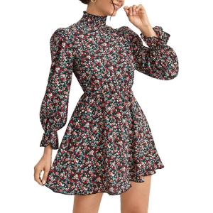 imageFloerns Womens Mock Neck Long Sleeve Floral Print Ruffle Short DressMulticoloured Floral