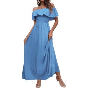 imageFloerns Womens Off Shoulder Short Sleeve Ruffle Trim Boho A Line Long DressBlue