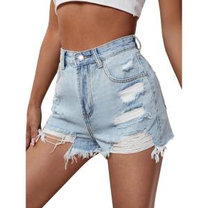 imageFloerns Womens Ripped Raw Hem High Waisted Distressed Denim ShortsLight Wash