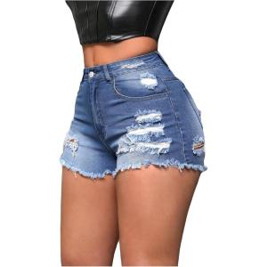 imageFloerns Womens Ripped Raw Hem High Waisted Distressed Denim ShortsLight Wash Stretch