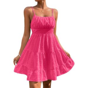 imageFloerns Womens Swiss Dots Sleeveless Ruched Bust Ruffle Hem Cami Short DressHot Pink