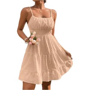 imageFloerns Womens Swiss Dots Sleeveless Ruched Bust Ruffle Hem Cami Short DressKhaki