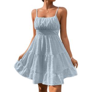 imageFloerns Womens Swiss Dots Sleeveless Ruched Bust Ruffle Hem Cami Short DressLight Blue
