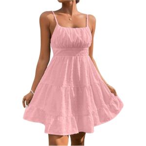 imageFloerns Womens Swiss Dots Sleeveless Ruched Bust Ruffle Hem Cami Short DressLight Pink