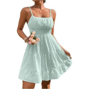 imageFloerns Womens Swiss Dots Sleeveless Ruched Bust Ruffle Hem Cami Short DressMint Green