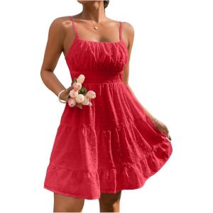 imageFloerns Womens Swiss Dots Sleeveless Ruched Bust Ruffle Hem Cami Short DressRed