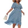 imageFloerns Womens Plus Size Boho Flutter Short Sleeve Ruffle Hem A Line Midi DressBlue and White