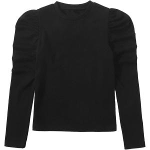 imageFloerns Girls Solid Puff Long Sleeve Round Neck Rib Knit Shirt Tee TopBlack