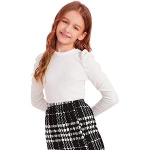 imageFloerns Girls Solid Puff Long Sleeve Round Neck Rib Knit Shirt Tee TopWhite