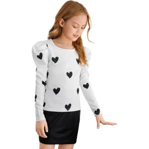 imageFloerns Girls Solid Puff Long Sleeve Round Neck Rib Knit Shirt Tee TopWhite Black