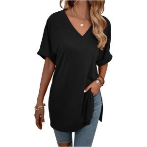 imageFloerns Womens Casual Basic Short Sleeve Loose TShirt Tee TopsBlack V