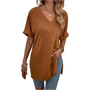 imageFloerns Womens Casual Basic Short Sleeve Loose TShirt Tee TopsBrown Solid