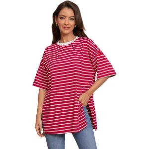 imageFloerns Womens Casual Basic Short Sleeve Loose TShirt Tee TopsRed and White