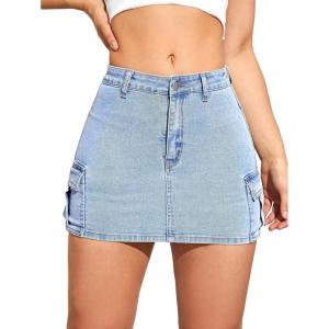 imageFloerns Womens Casual Buckled Belt Drop Waist Straight Denim Mini SkirtLight Wash