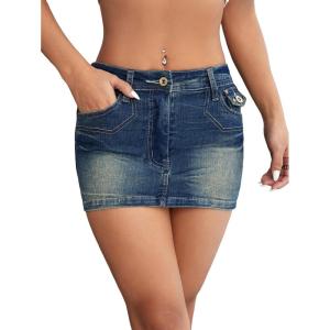 imageFloerns Womens Casual Buckled Belt Drop Waist Straight Denim Mini SkirtMedium Blue