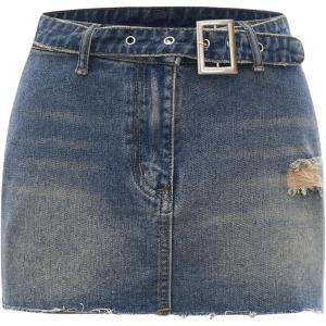 imageFloerns Womens Casual Buckled Belt Drop Waist Straight Denim Mini SkirtMedium Wash