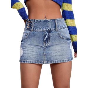 imageFloerns Womens Casual Buckled Belt Drop Waist Straight Denim Mini SkirtOcean Blue