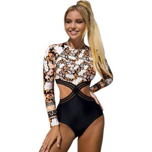 imageFloerns Womens Cut Out Scoop Neck Long Sleeve Rashguard One Piece SwimsuitBlack Orange Floral