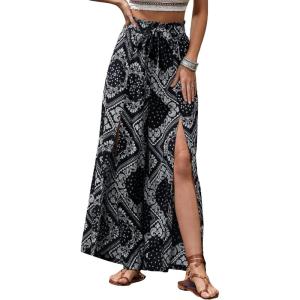 imageFloerns Womens Ditsy Floral Tie Front Wide Leg Wrap Long PantsBlack and White