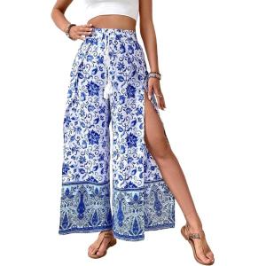 imageFloerns Womens Ditsy Floral Tie Front Wide Leg Wrap Long PantsBlue Flower