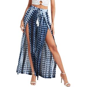 imageFloerns Womens Ditsy Floral Tie Front Wide Leg Wrap Long PantsBlue and White