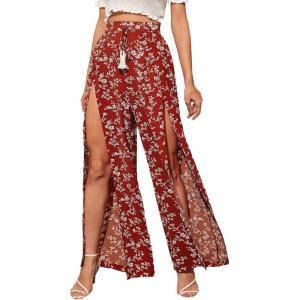 imageFloerns Womens Ditsy Floral Tie Front Wide Leg Wrap Long PantsBurgundy