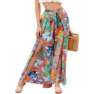 imageFloerns Womens Ditsy Floral Tie Front Wide Leg Wrap Long PantsOrange Tropical