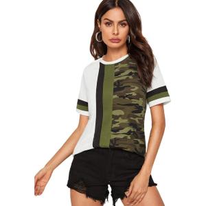 imageFloerns Womens Leopard Print Color Block T Shirts Short Sleeve Round Neck Tee TopsGreen