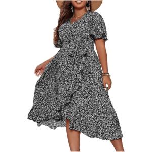 imageFloerns Womens Plus Size Boho Flutter Short Sleeve Ruffle Hem A Line Midi DressBlack and White