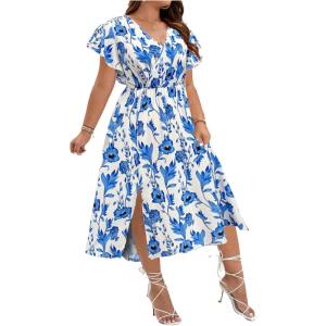 imageFloerns Womens Plus Size Boho Flutter Short Sleeve Ruffle Hem A Line Midi DressBlue Ocean