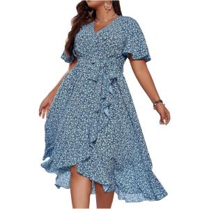 imageFloerns Womens Plus Size Boho Flutter Short Sleeve Ruffle Hem A Line Midi DressBlue and White
