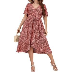 imageFloerns Womens Plus Size Boho Flutter Short Sleeve Ruffle Hem A Line Midi DressBurgundy