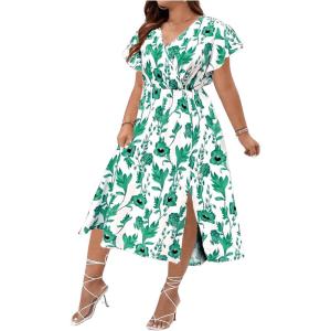 imageFloerns Womens Plus Size Boho Flutter Short Sleeve Ruffle Hem A Line Midi DressGreen and White