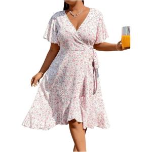 imageFloerns Womens Plus Size Boho Flutter Short Sleeve Ruffle Hem A Line Midi DressLight Pink