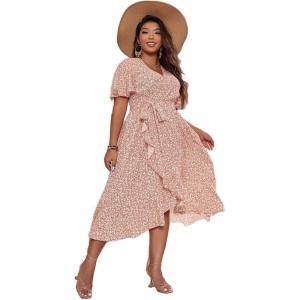 imageFloerns Womens Plus Size Boho Flutter Short Sleeve Ruffle Hem A Line Midi DressPink