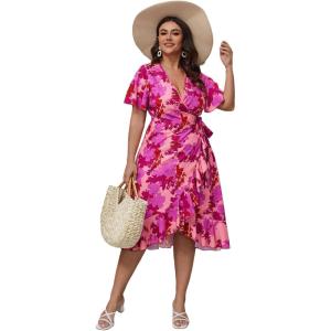 imageFloerns Womens Plus Size Boho Flutter Short Sleeve Ruffle Hem A Line Midi DressPink and Purple