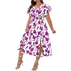 imageFloerns Womens Plus Size Boho Flutter Short Sleeve Ruffle Hem A Line Midi DressPurple and White