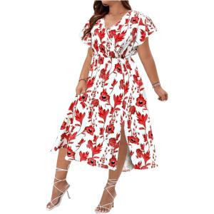 imageFloerns Womens Plus Size Boho Flutter Short Sleeve Ruffle Hem A Line Midi DressRed and White