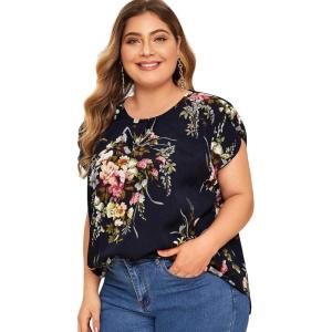 imageFloerns Womens Plus Size Floral Print Short Sleeve Summer Blouse Top ShirtA Navy