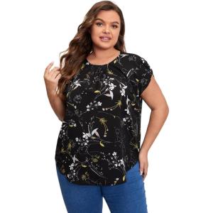 imageFloerns Womens Plus Size Floral Print Short Sleeve Summer Blouse Top ShirtBlack Floral