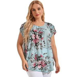 imageFloerns Womens Plus Size Floral Print Short Sleeve Summer Blouse Top ShirtBlue