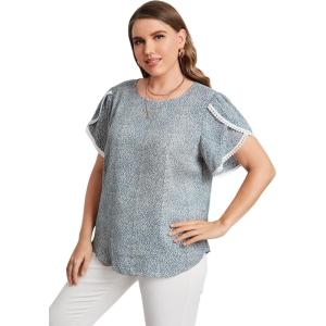 imageFloerns Womens Plus Size Floral Print Short Sleeve Summer Blouse Top ShirtGrey Blue