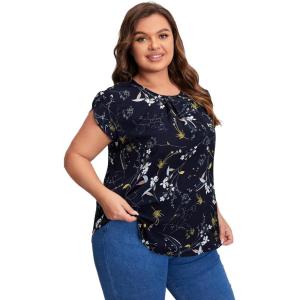 imageFloerns Womens Plus Size Floral Print Short Sleeve Summer Blouse Top ShirtNavy Blue Floral