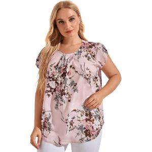 imageFloerns Womens Plus Size Floral Print Short Sleeve Summer Blouse Top ShirtPink 2