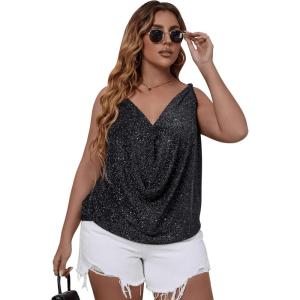 imageFloerns Womens Plus Size Glitter Draped Neck Sleeveless Backless Cami TopBlack