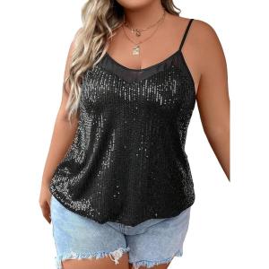 imageFloerns Womens Plus Size Glitter Draped Neck Sleeveless Backless Cami TopBlack Ink Solid