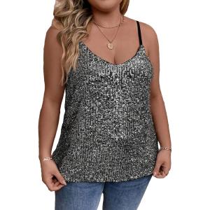 imageFloerns Womens Plus Size Glitter Draped Neck Sleeveless Backless Cami TopBlack Silver Sequin