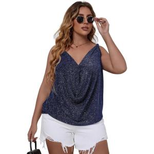imageFloerns Womens Plus Size Glitter Draped Neck Sleeveless Backless Cami TopNavy Blue Solid