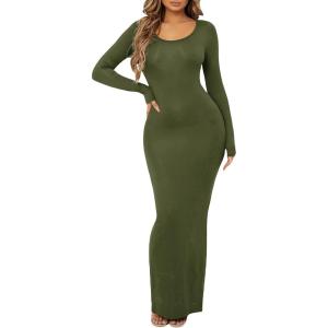 imageFloerns Womens Solid Long Sleeve Scoop Neck Bodycon Pencil Maxi DressArmy Green